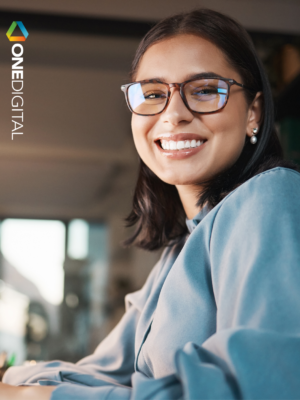 woman at computer smiling